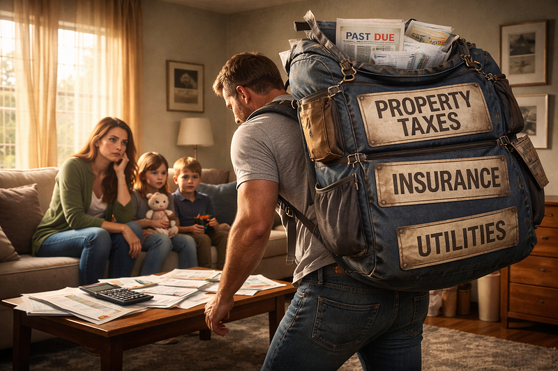 Middle-class homeowner carrying a heavy backpack labeled property taxes, insurance, and utilities, illustrating the financial burden of rising homeownership costs in the United States.