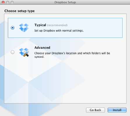 Dropbox安装界面为专家提供了一些自由选项。