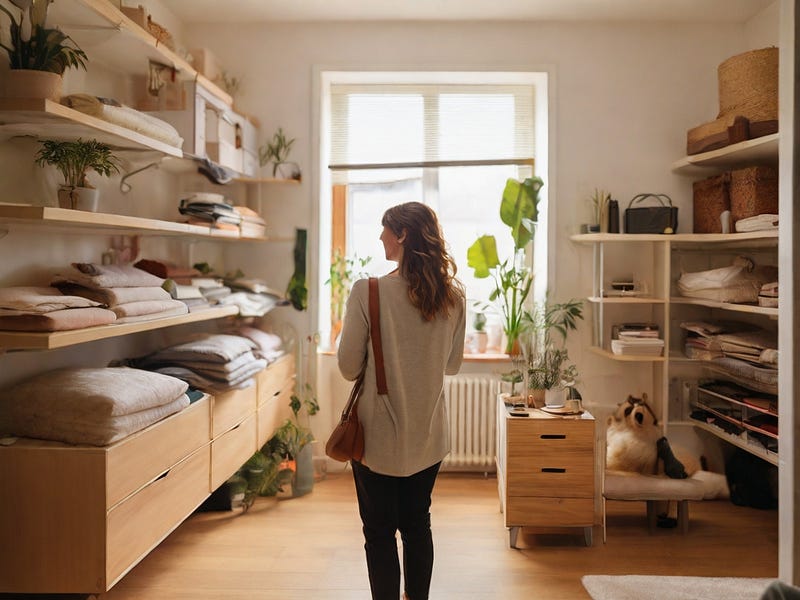 A girl standing in a room full of sorted things