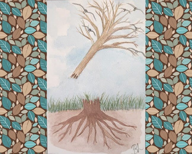 Watercolor painting of a tree broken from its roots being carried away by birds.