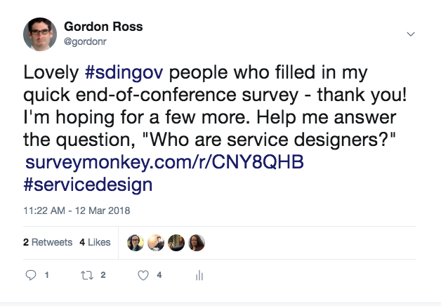 Gordon Ross tweet asking SDinGov conference attendees to fill out survey regarding service designers