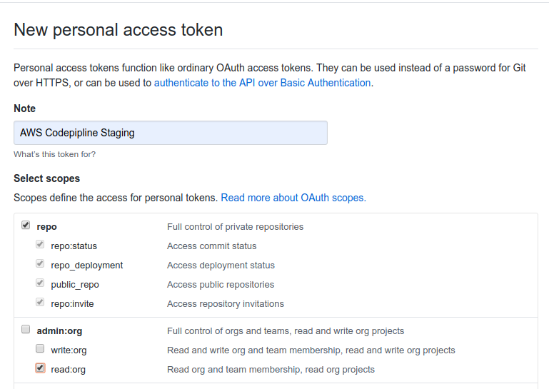 An image showing how to set permissions when we create GitHub tokens for our serverless CICD setup