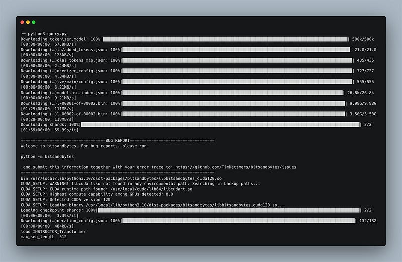 A screenshot of a terminal that shows the log messages while loading the Large Language Model needed to be able to query the documents.
