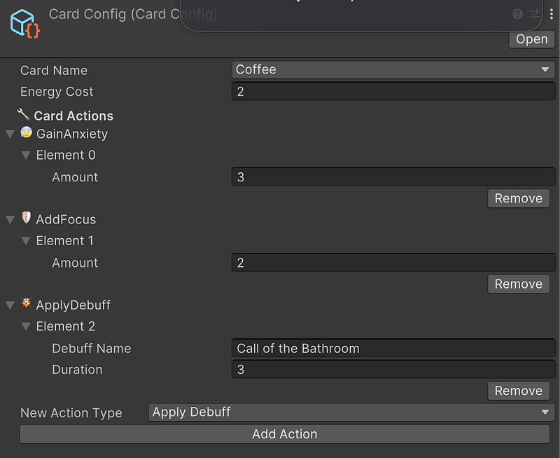 Unity Inspector showing SerializeReference in action with polymorphic CardAction types displayed inline with their specific fields