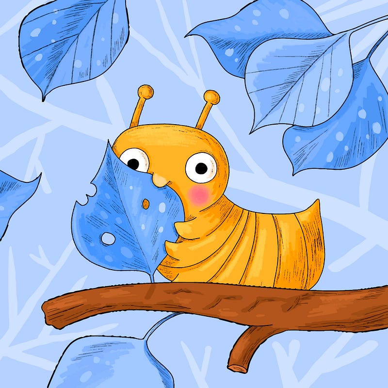 A cartoon orange caterpillar eating a blue leaf.