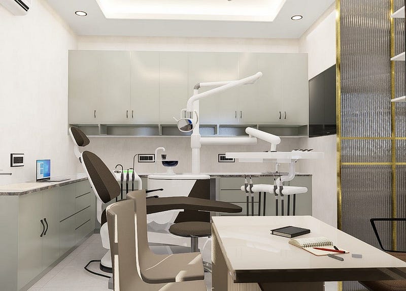 This modern dental treatment room interior design showcases a clean, minimal, and highly efficient clinical setup. Equipped with advanced dental chairs, integrated task lighting, and smart storage cabinetry, the space supports hygiene, precision, and smooth clinical workflow.