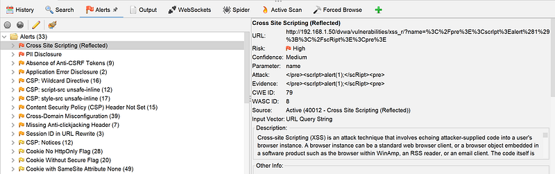 Screenshot of the list of alerts in OWASP ZAP after scanning