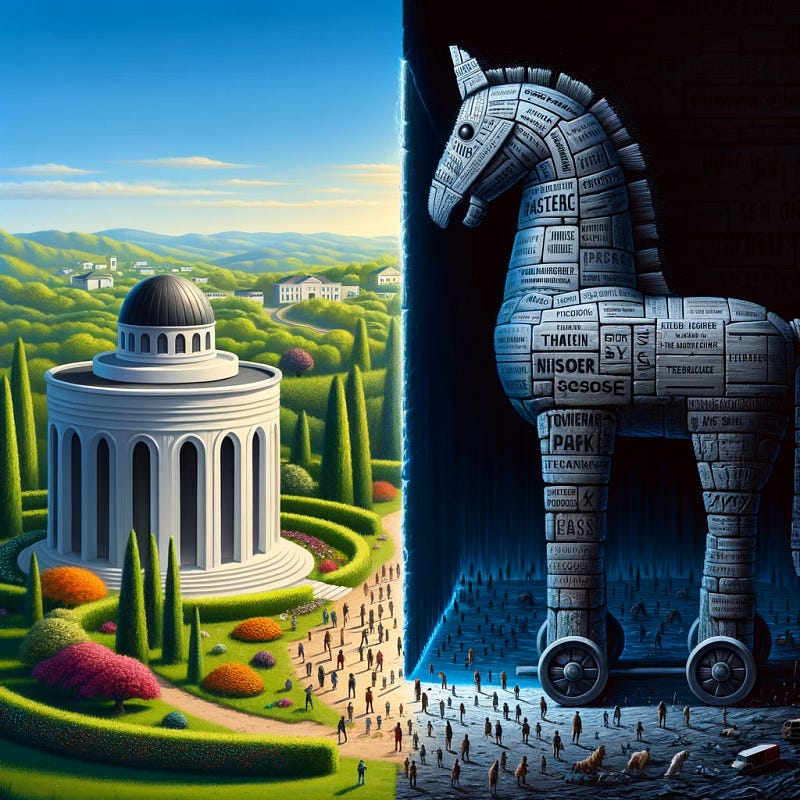 On the left: a beautiful white gazebo or marble surrounded by greenery. On the right, a trojan horse made up of menacing phra