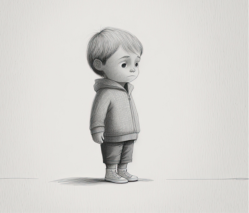 A line drawing of a sad little boy.