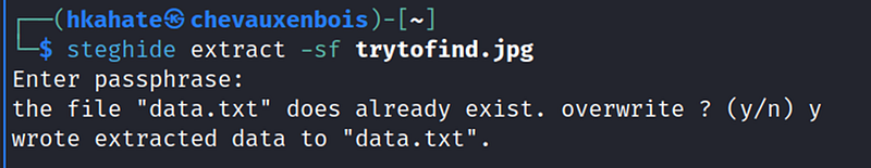 Using steghide to extract the text and write it to data.txt