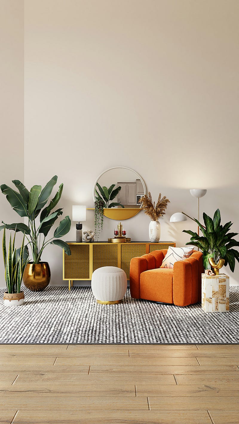 This modern living room interior showcases a warm neutral color palette accented with rich textures and vibrant indoor plants. A stylish accent chair, minimal console unit, and soft ambient lighting create a calm yet inviting atmosphere. Natural materials, earthy tones, and thoughtfully curated décor elements enhance spatial harmony, making this design ideal for contemporary homes that value comfort, elegance, and balanced interior aesthetics.