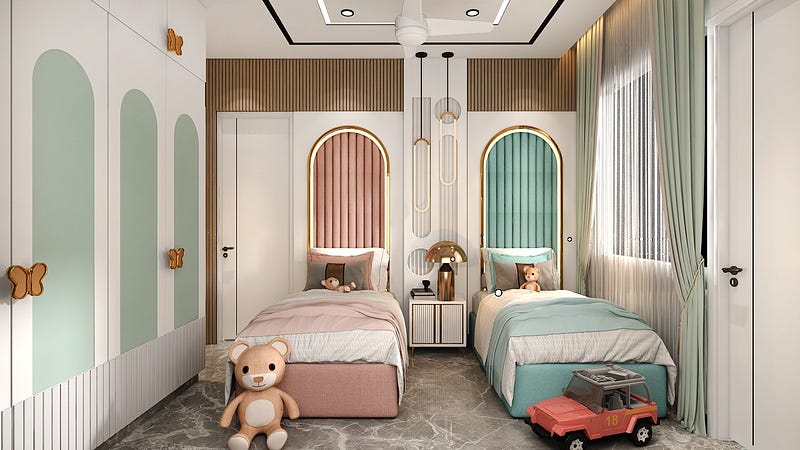 This modern kids’ bedroom features a charming dual-bed setup with pastel pink and mint green upholstered headboards accented by golden arches. Soft curtains, playful decor, and ample natural light create a warm, joyful atmosphere. Stylish wardrobes with butterfly handles and cozy bedding enhance comfort and creativity, making the room perfect for siblings to relax, play, and learn in a beautifully designed space.