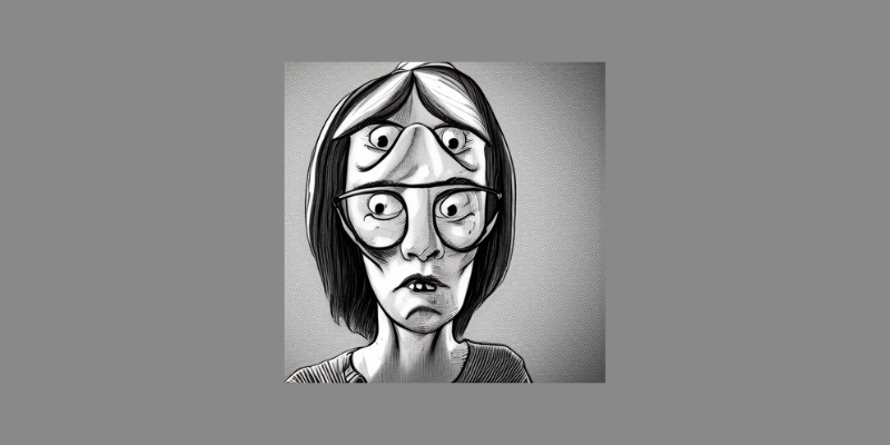 Ink drawing of a woman with four eyes — messed up AI art
