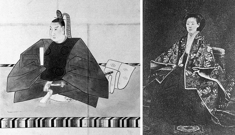 Tokugawa Iemochi sitting for his portrait in formal kimono. Princess Kazunomiya photographed wearing royal attire.