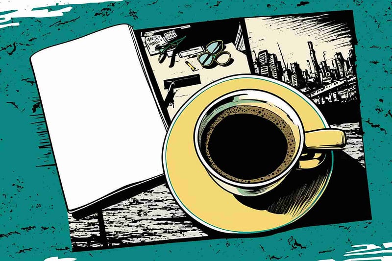 An aerial view of a cup of coffee and notebook on top of a drawing of a cityscape on a desk