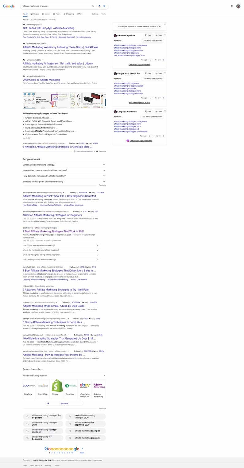 full page screenshot of google search for affiliate marketing strategies