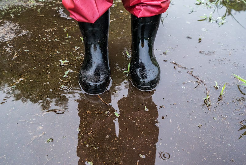 A person in Japan wears rain boots due to flooding