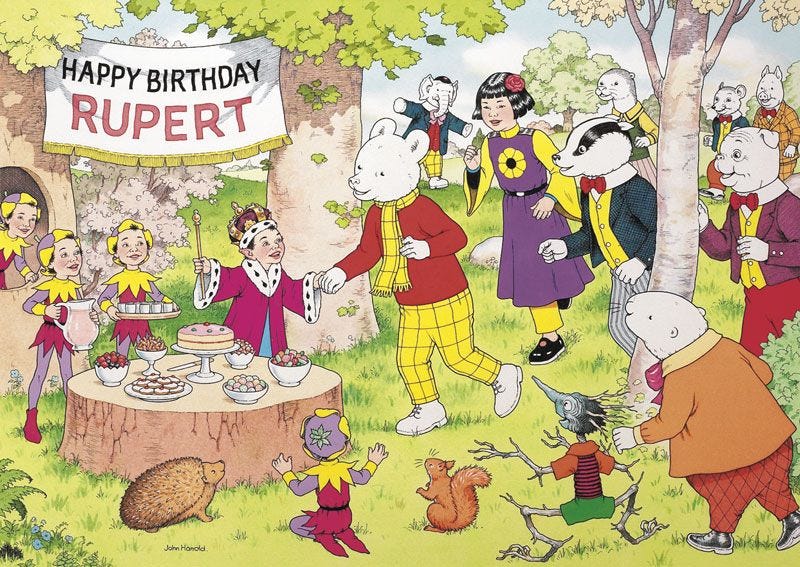 A large illustration of Rupert’s birthday party, with an assortment of his friends attending.