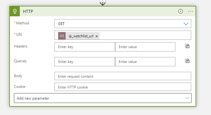 Configuring the HTTP action with the GET verb and the URL of the IP watchlist.