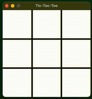 An animated GIF showing a simulated Tic-Tac-Toe game between two AI agents. The interface resembles a classic desktop window with a title bar labeled ‘Tic-Tac-Toe’ and standard window control buttons (red, yellow, green) in the top-left corner. The game board is a 3x3 grid with a pale background and dark grid lines. The animation shows the agents taking turns placing X’s and O’s on the board, demonstrating the back-and-forth gameplay of a training session.