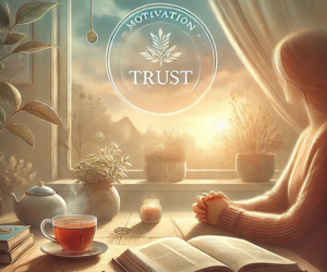 A person reading a guide with a cup of tea on a table, symbolizing self-improvement.