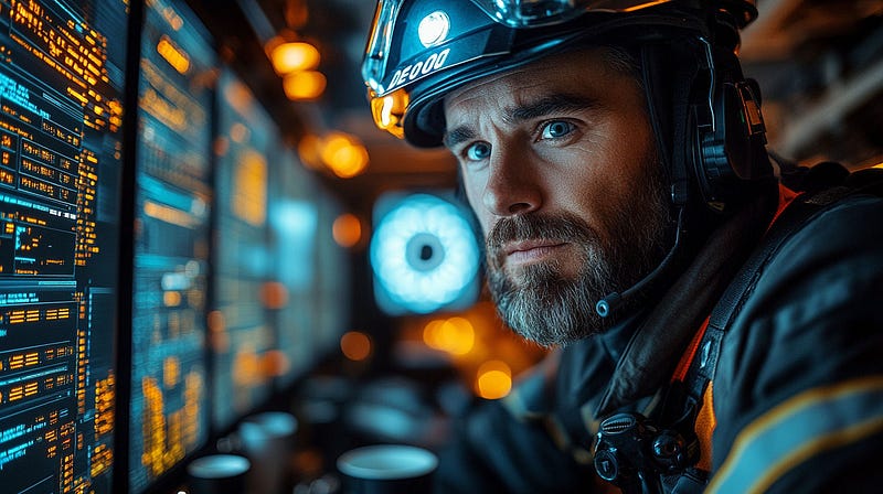 A DevOps engineer wearing a protective helmet with headset and “DE000” marking focuses intently on monitoring screens display