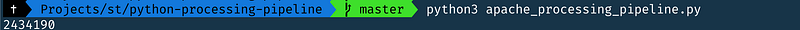 The command line and result when executing the pipeline via Python