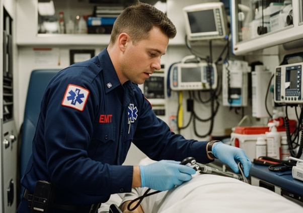An EMT evaluating a patient inside an ambulance during transport.