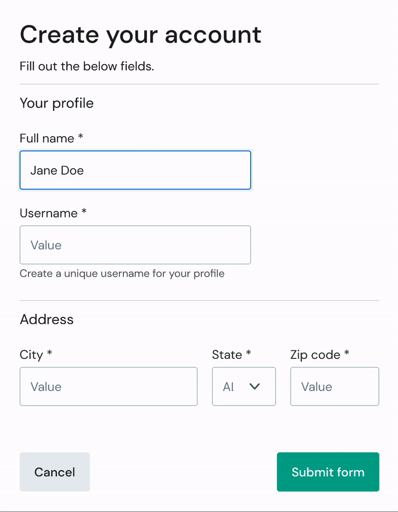 A gif showing the process for creating a username with inline validation on a create an account form