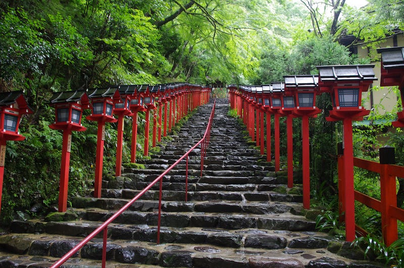 Lanterns line the stairs leading up to northern Kyoto’s Kifune Shrine