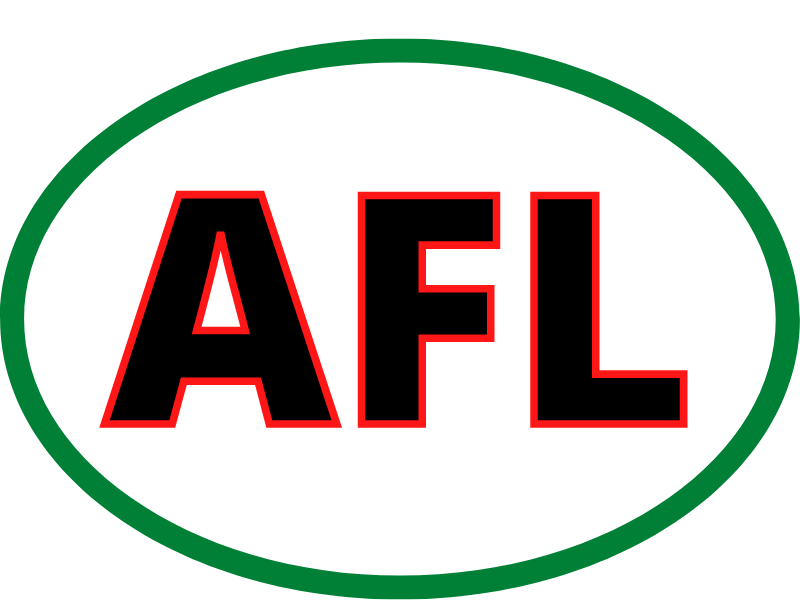 AFL letters in bold black with red around them and green oval around lettering