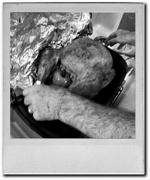A pair of tough, wrinkled and freckled hands belonging to an older adult male carefully lifts a whole turkey out of a baking dish.