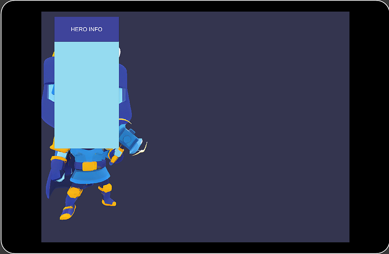 Screenshot showing the hero floating awkwardly off-screen on a tablet due to fixed world-space positioning