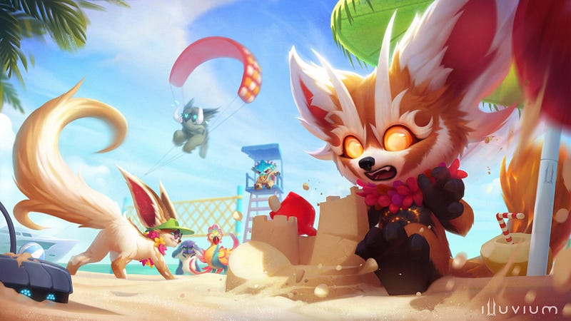 A beach themed piece of art with Rai the red panda building a sandcastle.