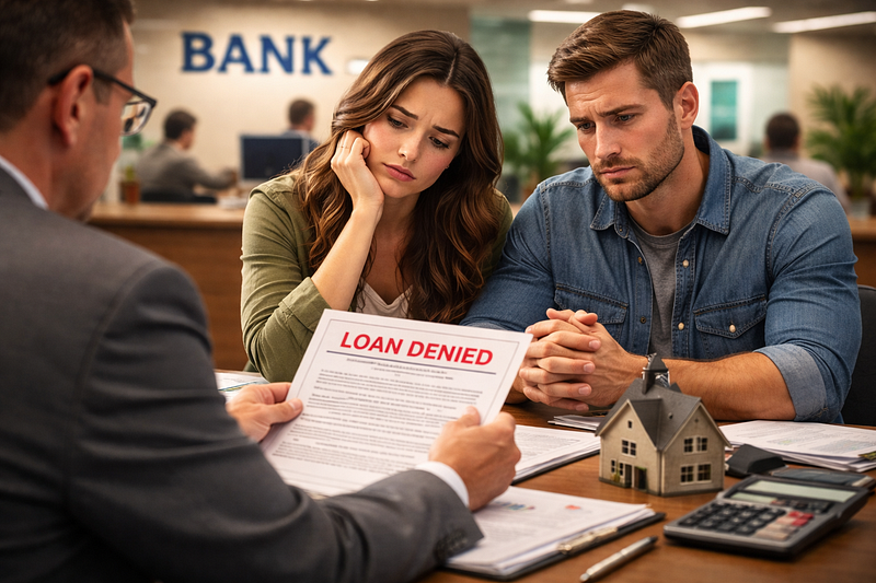 Disappointed young couple sitting across from a bank loan officer holding a “loan denied” document in a bank office, symbolizing the challenges young families face when trying to qualify for a home loan in today’s housing market.