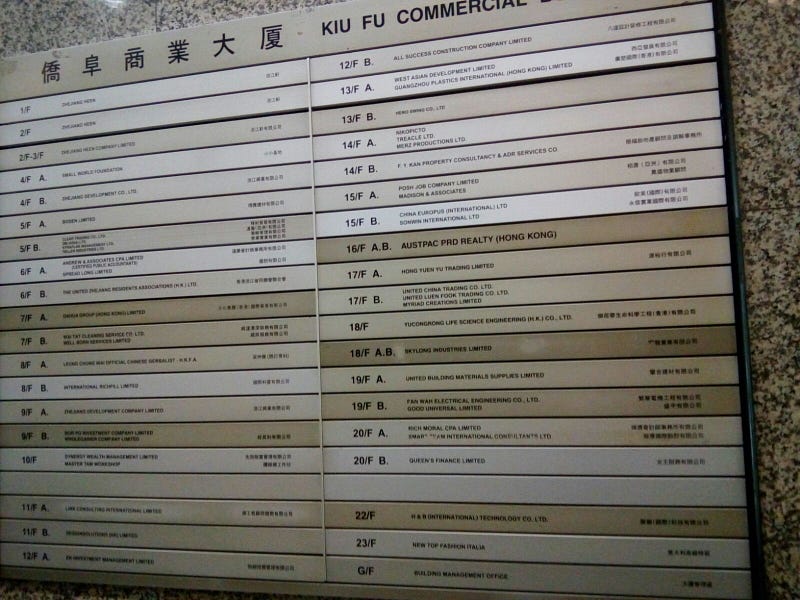 After arriving he takes a photograph of a board listing all of the building's operating businesses. It had no mention of KuCoin. 