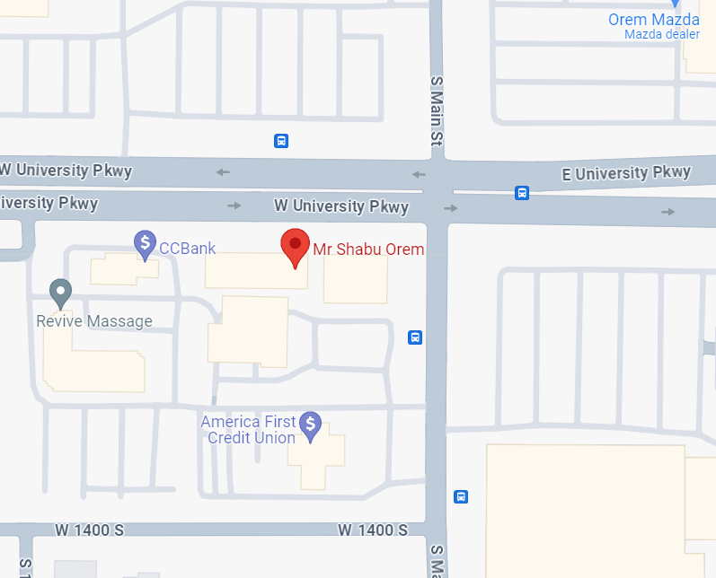 Map showing the location of Mr. Shabu in Orem Utah, near Provo…