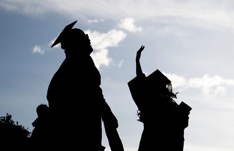 Graduates in silhouette celebrate outdoors.