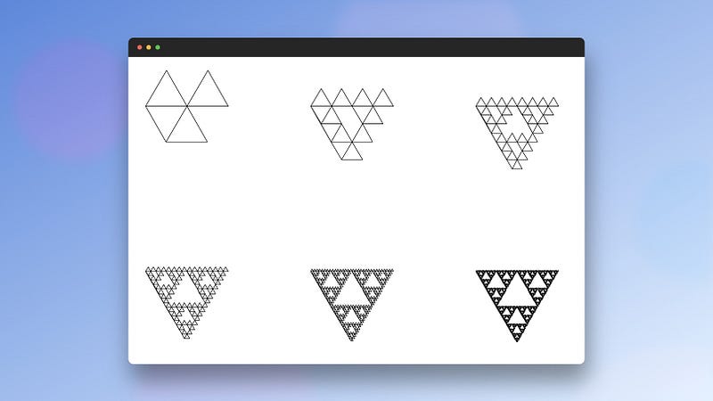 A screenshot showing six different Sierpinski triangles with increasing detail