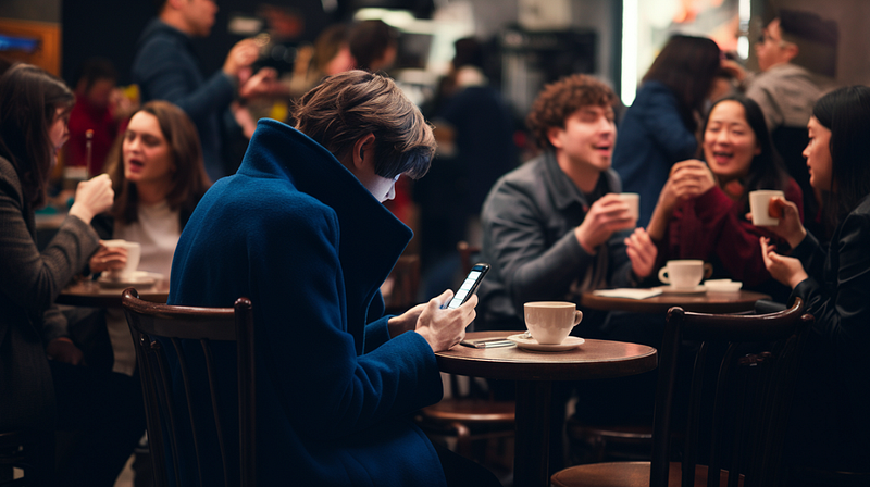 A person sitting alone scrolls on their phone at a café, surrounded by other patrons interacting with each other.
