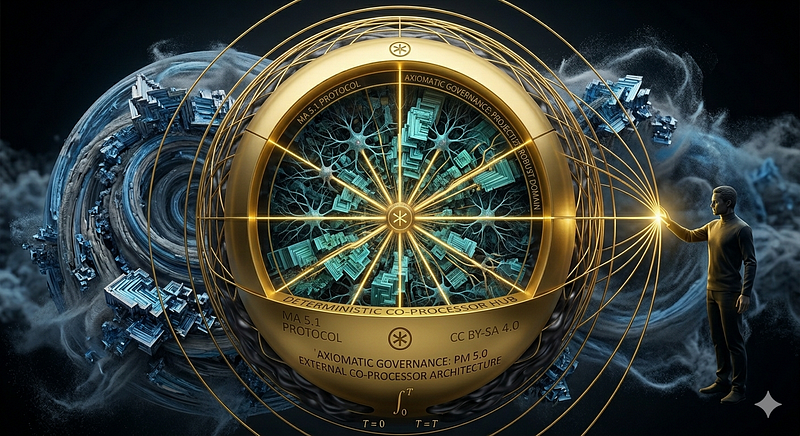 An epic conceptual digital art visualizing Axiomatic Governance. A human Meta-Architect stands outside, governing a massive, glowing golden and cyan geometric dome that perfectly protects a highly structured, deterministic AI processing hub from the violent, chaotic ocean of probabilistic global data surrounding it.