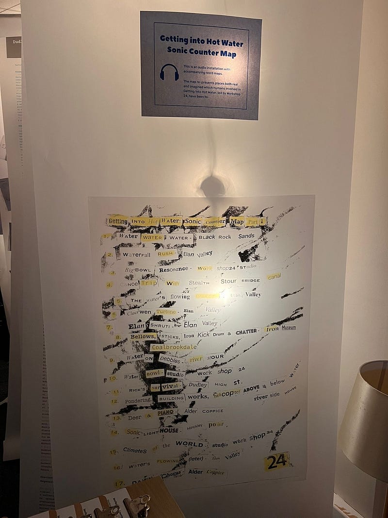 Getting into Hot Water Sonic counter map — an audio installation and accompanying word map attached to the suspended tracing paper layer inspired by punk zines