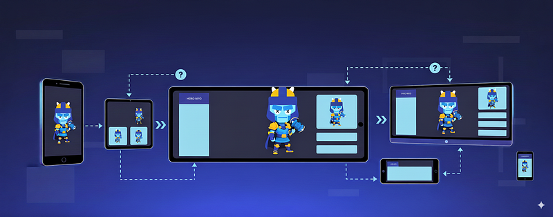 Hero selection screen showing a character positioned perfectly on a mobile device