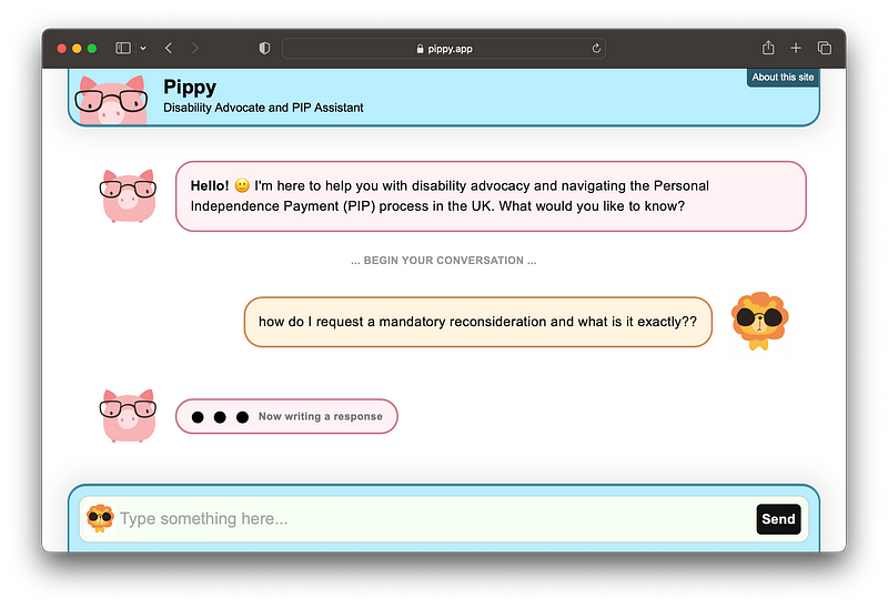 Screenshot of pippy.app showing a sample chat where the user is asking about a rather niche thing related to UK disability provisions and appealing mechanisms, something that might only be answerable with a comprehensive approach to ‘source of truth’ alignment.