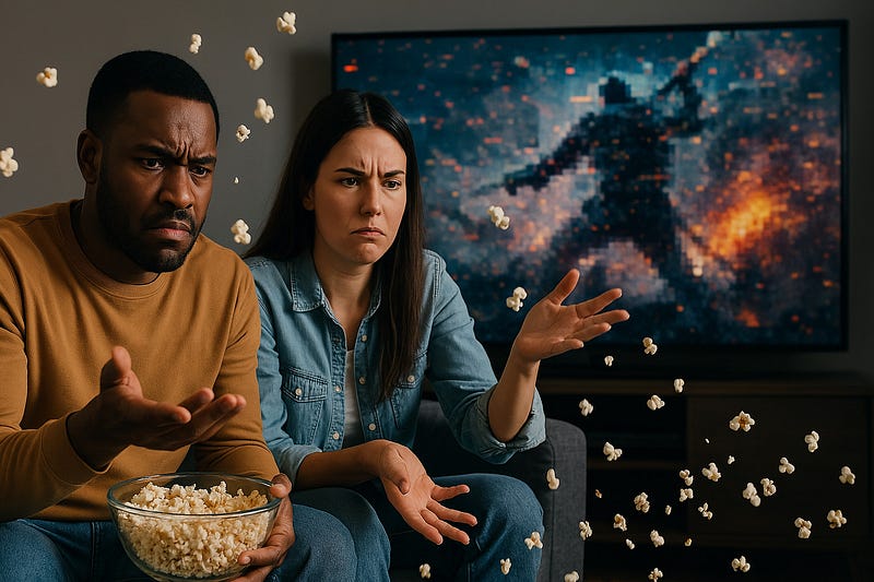 Frustrated man and woman throwing popcorn in the air while watching a pixelated action scene on TV, highlighting poor video q