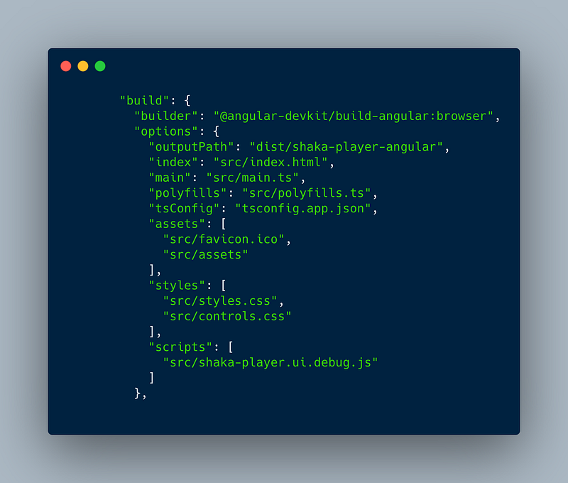A screenshot that shows the contents of Angular.json, to which we added the two compiled files