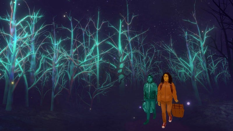 A screenshot from Tamara Shogaolu’s “Another Dream” showing two ghostly figures in a forest.