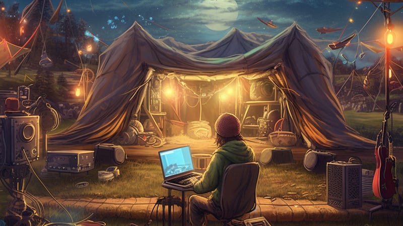Campsite with a DJ in the foreground producing on a laptop