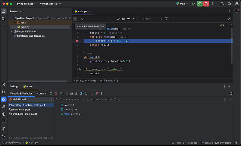 A screenshot that shows how PyCharm interface looks while debugging.