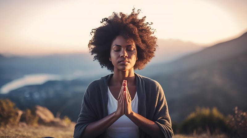 A woman sitting in a yoga pose with her hands together, sitting on top of a mountain with mountains in the background.